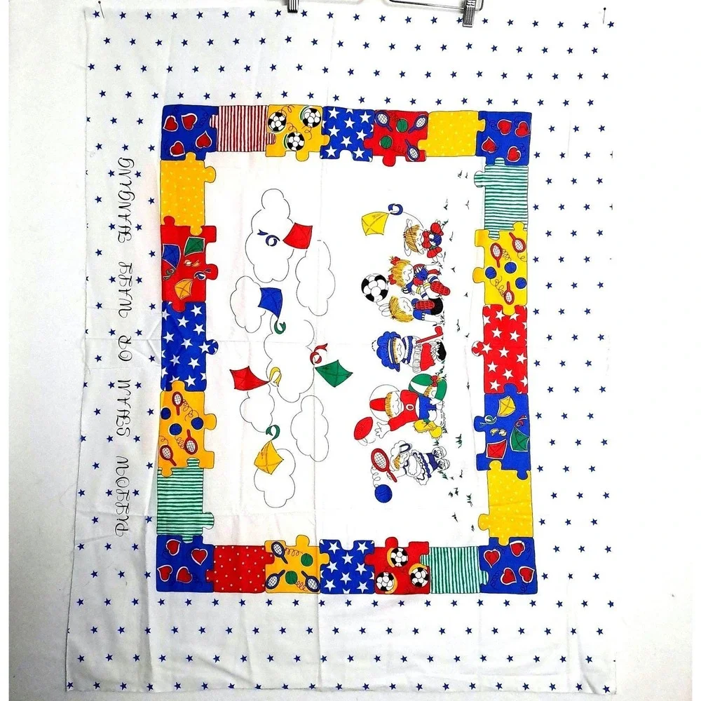 Vintage Kids Sports Fabric Panel 35x44 Pillow Sham Wall Hanging White Multi